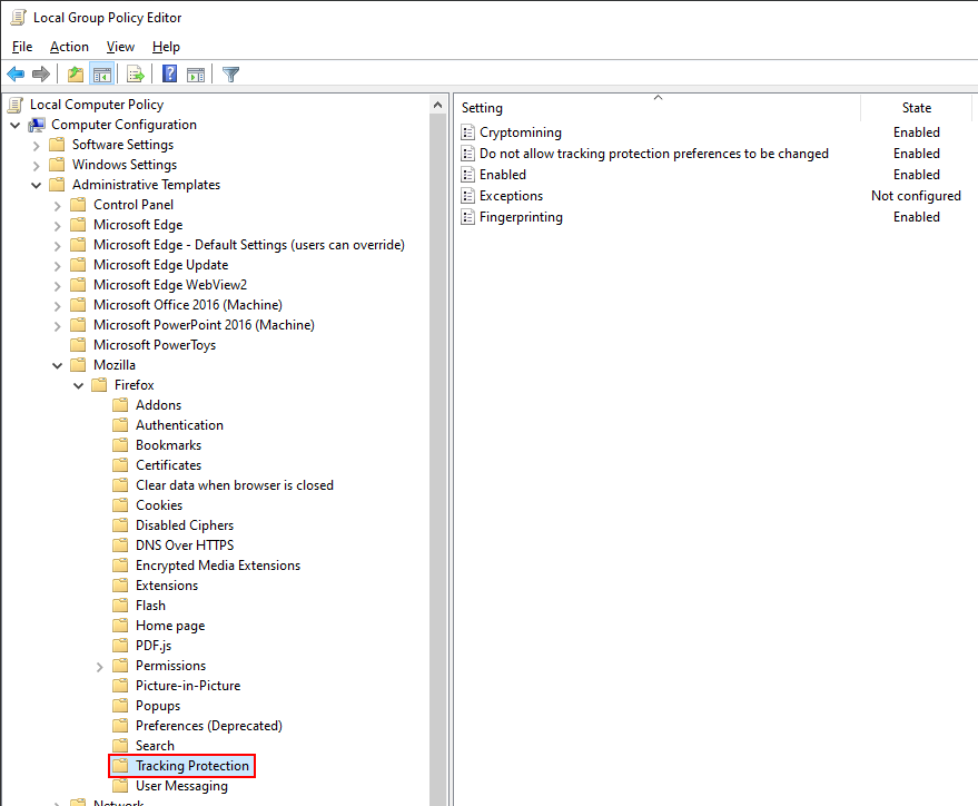 Firefox GPO Tracking Protection